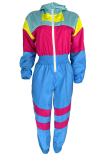 Powder Blue Casual Patchwork Zipper Contrast Zipper Collar Regular Jumpsuits