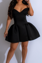 Black Sexy Solid Color Patchwork Backless V Neck A Line Dresses