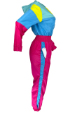 Powder Blue Casual Patchwork Zipper Contrast Zipper Collar Regular Jumpsuits