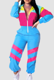 Powder Blue Casual Patchwork Zipper Contrast Zipper Collar Regular Jumpsuits