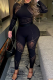 Black Sexy Solid Color Patchwork See-Through O Neck Skinny Jumpsuits