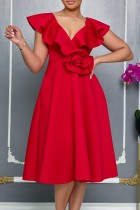 Red Sexy Party Solid Color Ruffle Flowers V Neck A Line Dresses