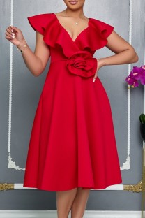 Red Sexy Party Solid Color Ruffle Flowers V Neck A Line Dresses