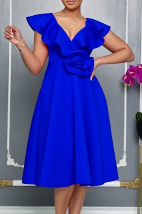 Blue Sexy Party Solid Color Ruffle Flowers V Neck A Line Dresses