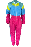 Powder Blue Casual Patchwork Zipper Contrast Zipper Collar Regular Jumpsuits