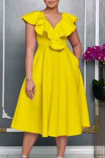 Yellow Sexy Party Solid Color Ruffle Flowers V Neck A Line Dresses