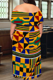 Yellow Blue Sexy Geometric Print Flounce Contrast Off Shoulder Long Plus Size Dresses