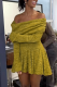 Green Yellow Sexy Solid Color Patchwork Ruched Off Shoulder Mini Dresses