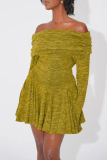 Green Yellow Sexy Solid Color Patchwork Ruched Off Shoulder Mini Dresses
