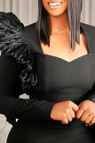 Black Elegant Solid Patchwork Stringy Selvedge Asymmetrical Collar Long Dress Dresses