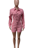 Pink Casual Solid Color Buckle Patchwork Turndown Collar Long Sleeve Regular Denim Jumpsuits