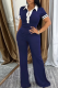 Blue Casual Solid Color Patchwork Contrast Turndown Collar Short Sleeve Two Pieces