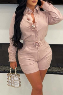 Pink Casual Solid Color Patchwork Flowers Turndown Collar Long Sleeve Two Pieces