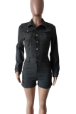 Pink Casual Solid Color Buckle Patchwork Turndown Collar Long Sleeve Regular Denim Jumpsuits