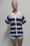 Blue Casual Stripe Buckle Patchwork Turndown Collar Half Sleeve Two Pieces