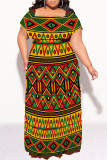 Yellow Blue Sexy Geometric Print Flounce Contrast Off Shoulder Long Plus Size Dresses