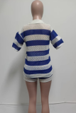 Blue Casual Stripe Buckle Patchwork Turndown Collar Half Sleeve Two Pieces
