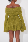 Green Yellow Sexy Solid Color Patchwork Ruched Off Shoulder Mini Dresses