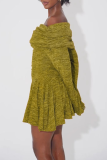 Green Yellow Sexy Solid Color Patchwork Ruched Off Shoulder Mini Dresses