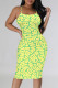 Fluorescent Yellow Sexy Letter Print Stripe Contrast Printed Dresses