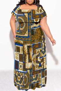 Blue White Sexy Geometric Print Flounce Contrast Off Shoulder Long Plus Size Dresses