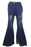 Blue Casual Solid Color Ripped Boot Cut Denim Jeans