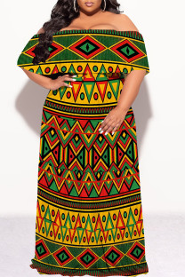 Green Yellow Sexy Geometric Print Flounce Contrast Off Shoulder Long Plus Size Dresses