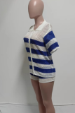 Blue Casual Stripe Buckle Patchwork Turndown Collar Half Sleeve Two Pieces