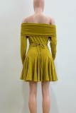 Green Yellow Sexy Solid Color Patchwork Ruched Off Shoulder Mini Dresses
