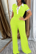 Fluorescent Green Casual Solid Color Patchwork Contrast Turndown Collar Short Sleeve Two Pieces
