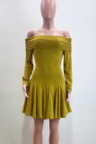 Green Yellow Sexy Solid Color Patchwork Ruched Off Shoulder Mini Dresses
