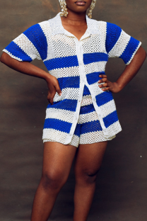Blue Casual Stripe Buckle Patchwork Turndown Collar Half Sleeve Two Pieces