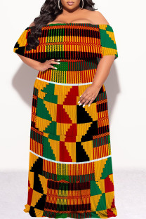 Orange Yellow Sexy Geometric Print Flounce Contrast Off Shoulder Long Plus Size Dresses