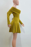 Green Yellow Sexy Solid Color Patchwork Ruched Off Shoulder Mini Dresses