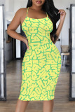 Fluorescent Yellow Sexy Letter Print Stripe Contrast Printed Dresses