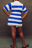 Blue Casual Stripe Buckle Patchwork Turndown Collar Half Sleeve Two Pieces