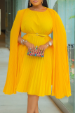 Blue Casual Solid Color With Belt Pleated O Neck Long Dresses
