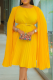 Yellow Casual Solid Color With Belt Pleated O Neck Long Dresses