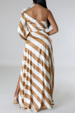 Stripe Casual Striped Print Backless Slit Oblique Collar Long Dresses