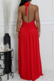Red Sexy Solid Color High Slit Ruched Deep V Neck Long Dresses