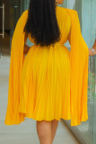 Blue Casual Solid Color With Belt Pleated O Neck Long Dresses