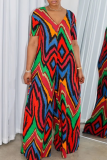 Orange Red Casual Print Patchwork V Neck Loose Jumpsuits