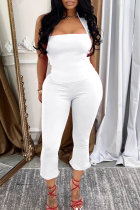 White Casual Solid Color Backless Halter Sleeveless Two Pieces