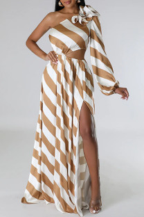 Stripe Casual Striped Print Backless Slit Oblique Collar Long Dresses