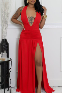 Red Sexy Solid Color High Slit Ruched Deep V Neck Long Dresses