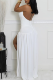 Red Sexy Solid Color High Slit Ruched Deep V Neck Long Dresses