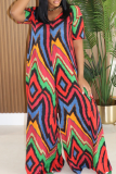 Orange Red Casual Print Patchwork V Neck Loose Jumpsuits