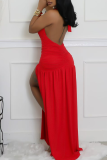 Red Sexy Solid Color High Slit Ruched Deep V Neck Long Dresses