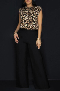 Leopard Print Casual Leopard Print Basic O Neck Sleeveless Two Pieces