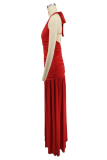Red Sexy Solid Color High Slit Ruched Deep V Neck Long Dresses